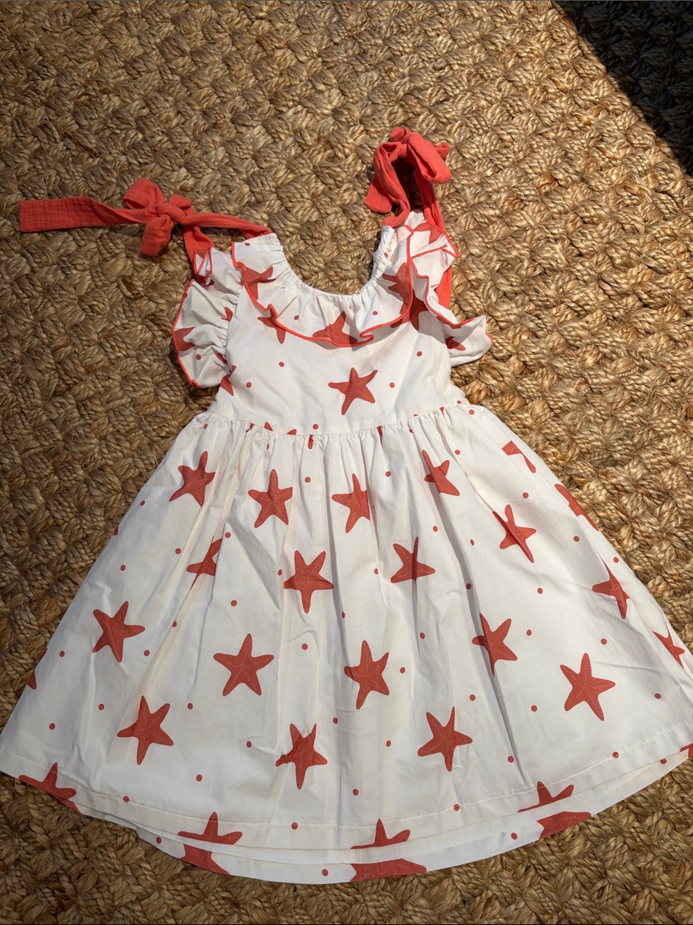 Girls White Sundress with Coral Star Print and Tie Straps